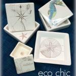 Handmade ceramic boxes and trays adorned with antique maps and nautical prints.